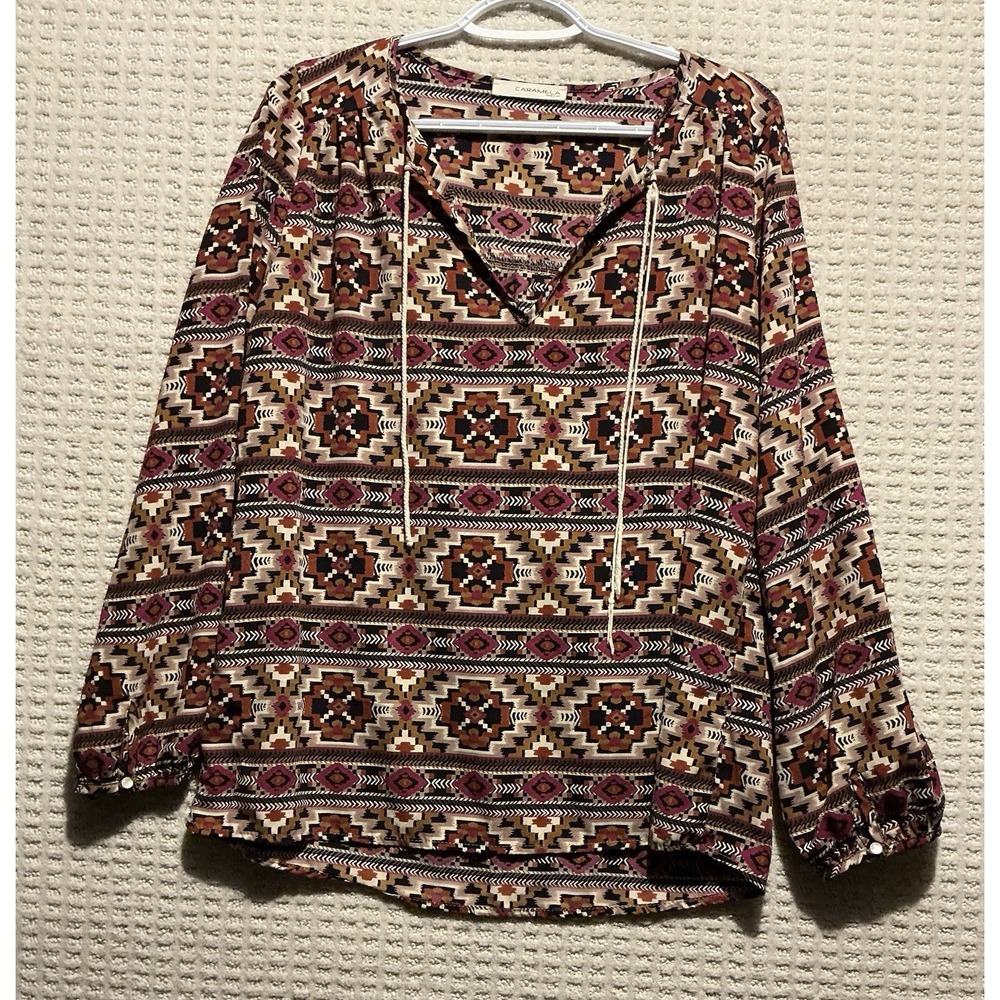 Caramela USA Women's Aztec Top Long Sleeve Light Weight L Brown Magenta Rodeo